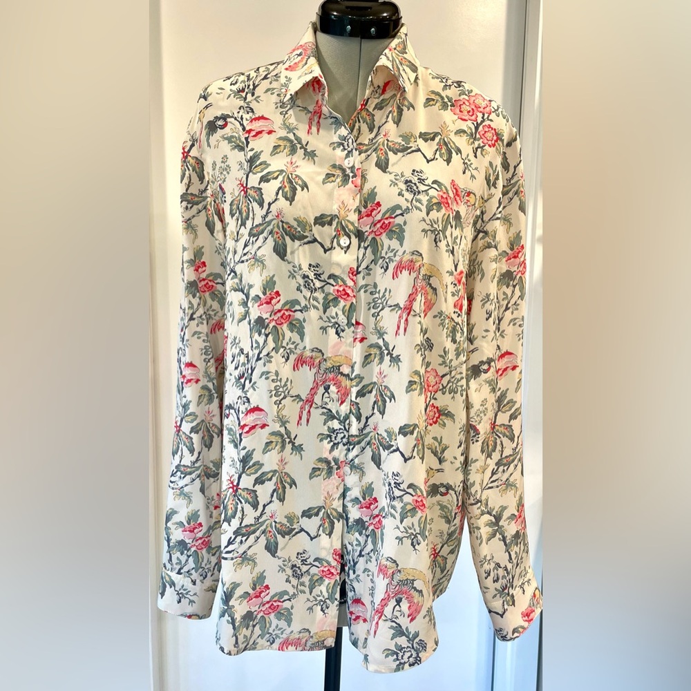 The Kooples silk button down shirt w/floral tropical bird print, cream/pink, XS